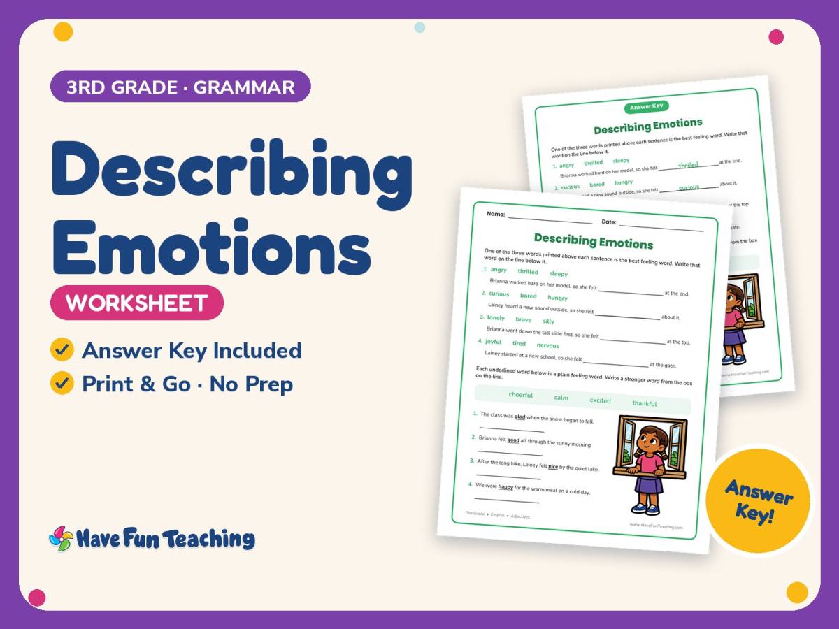 Describing Emotions Worksheet – 3rd Grade Adjectives & Prompts preview