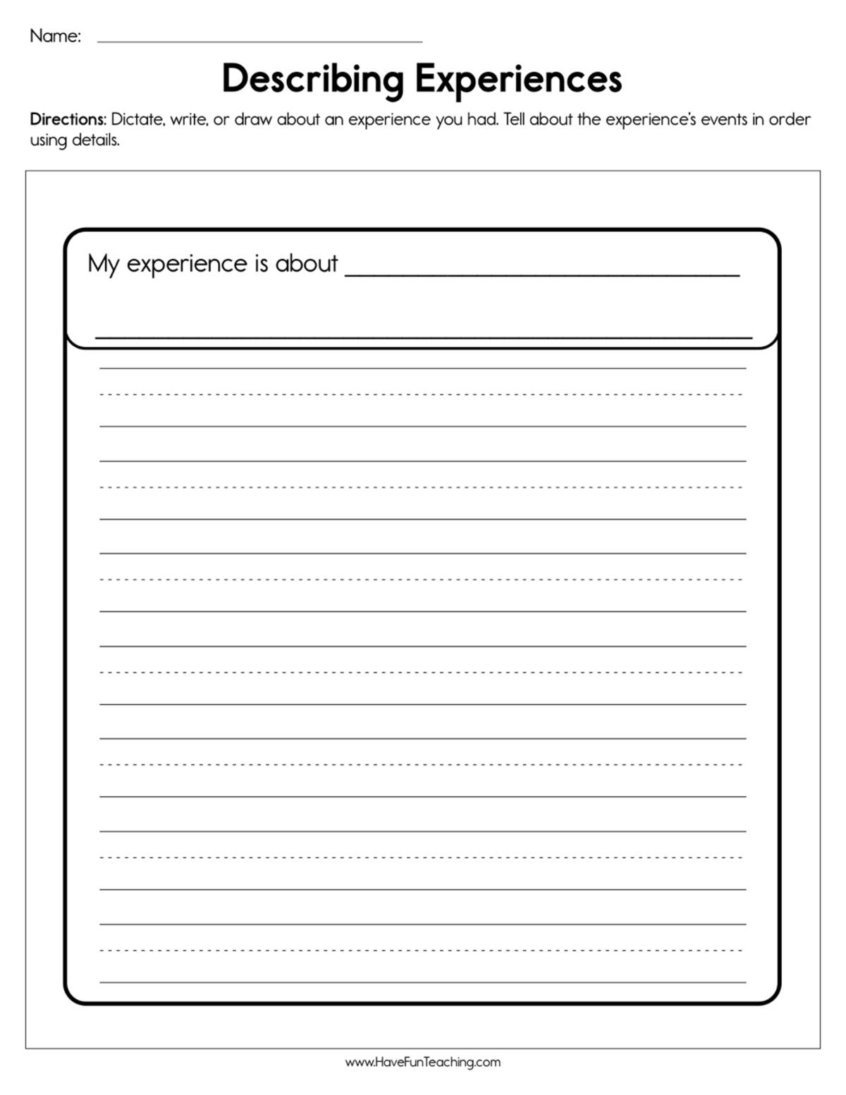 An educational teaching resource from Have Fun Teaching entitled Describing Experiences Worksheet downloadable at Teach Simple.
