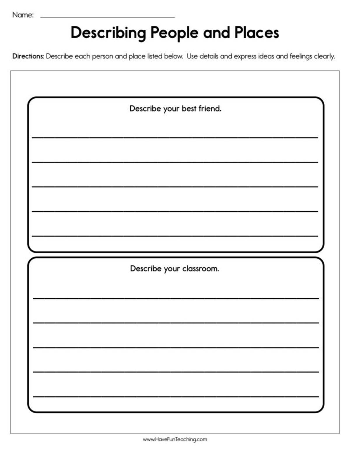 An educational teaching resource from Have Fun Teaching entitled Describing People and Places Worksheet downloadable at Teach Simple.