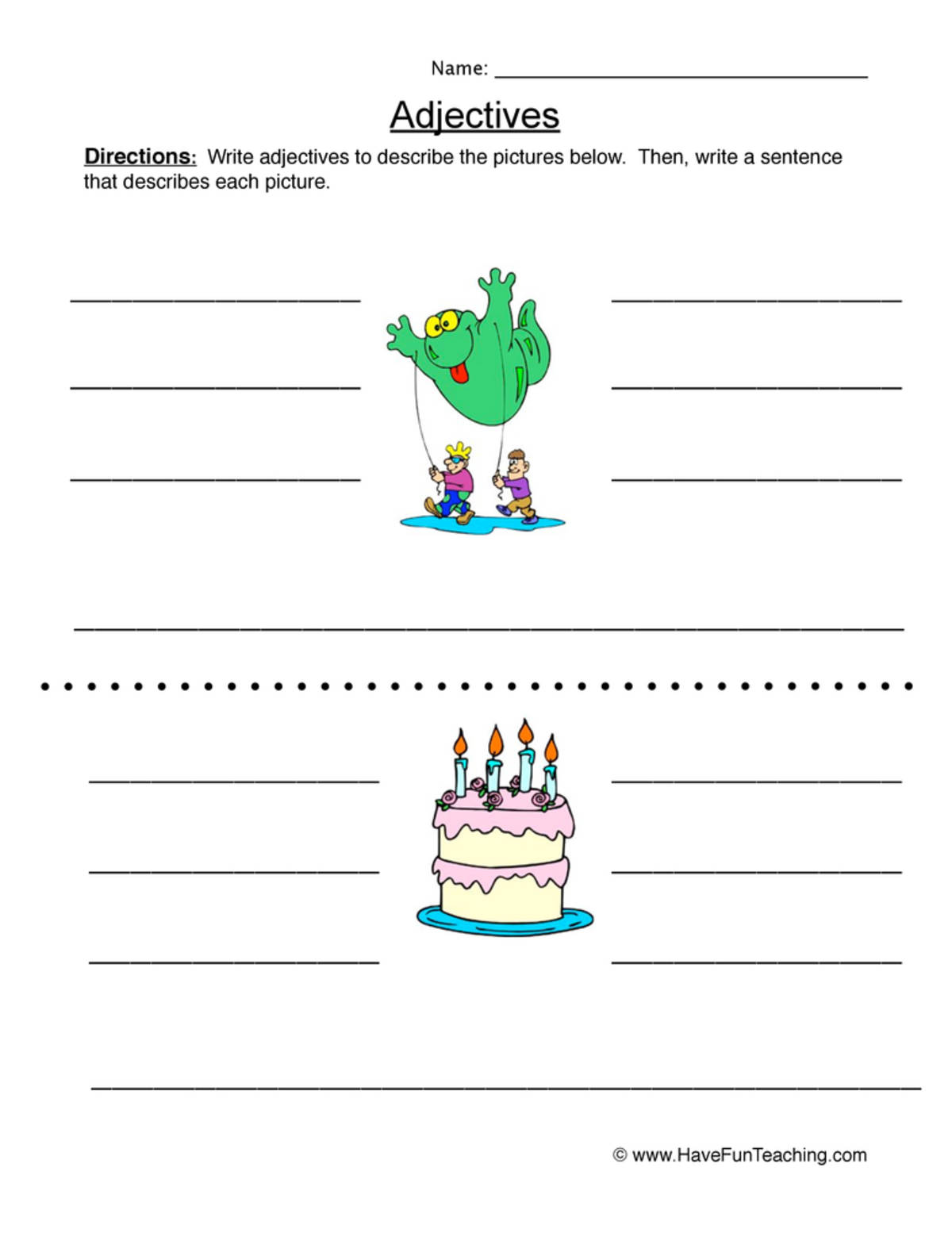 An educational teaching resource from Have Fun Teaching entitled Describing Pictures Adjectives Worksheet downloadable at Teach Simple.
