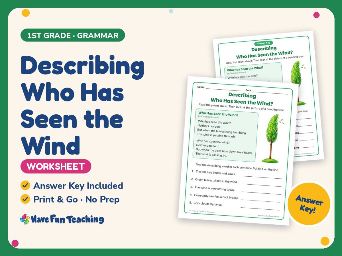 Describing Who Has Seen the Wind Worksheet – 1st Grade Adjectives preview