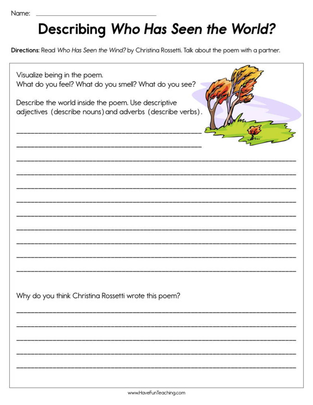 An educational teaching resource from Have Fun Teaching entitled Describing Who Has Seen the Wind Worksheet downloadable at Teach Simple.