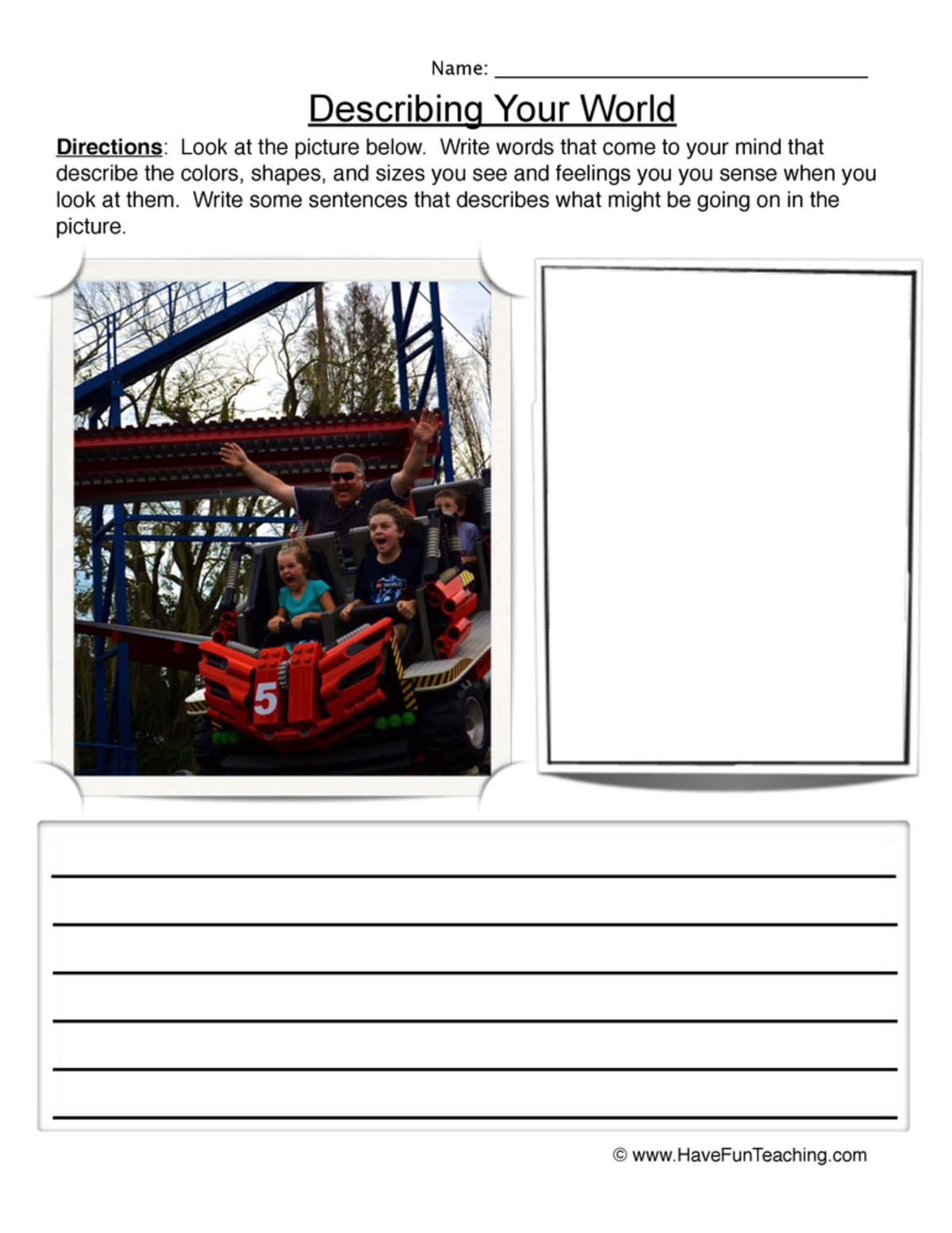 An educational teaching resource from Have Fun Teaching entitled Describing Words Worksheet - Roller Coaster downloadable at Teach Simple.