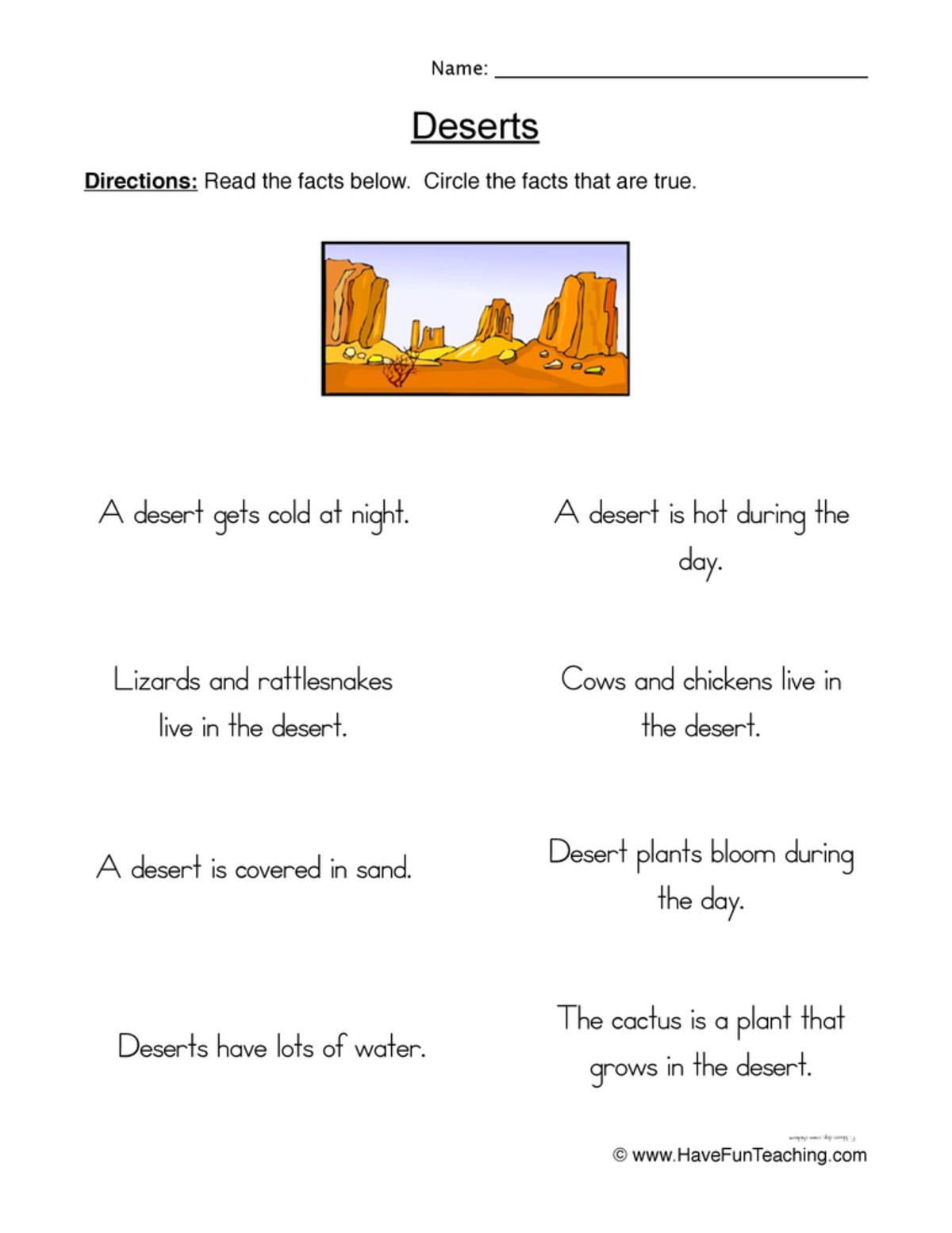 An educational teaching resource from Have Fun Teaching entitled Desert True or False Worksheet downloadable at Teach Simple.