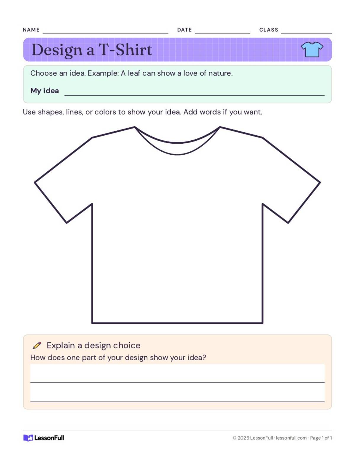 Design your Own T-Shirt Activity preview: One student page with an idea line and a short example