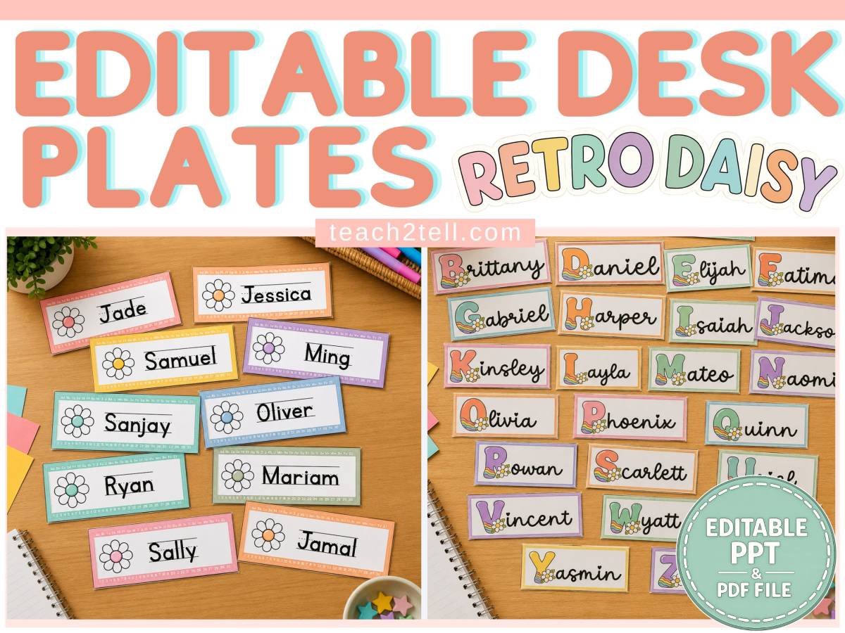 An educational teaching resource from Teach2Tell entitled Desk Plates Editable Student Name Plates Alphabet & Number Line Decor downloadable at Teach Simple.