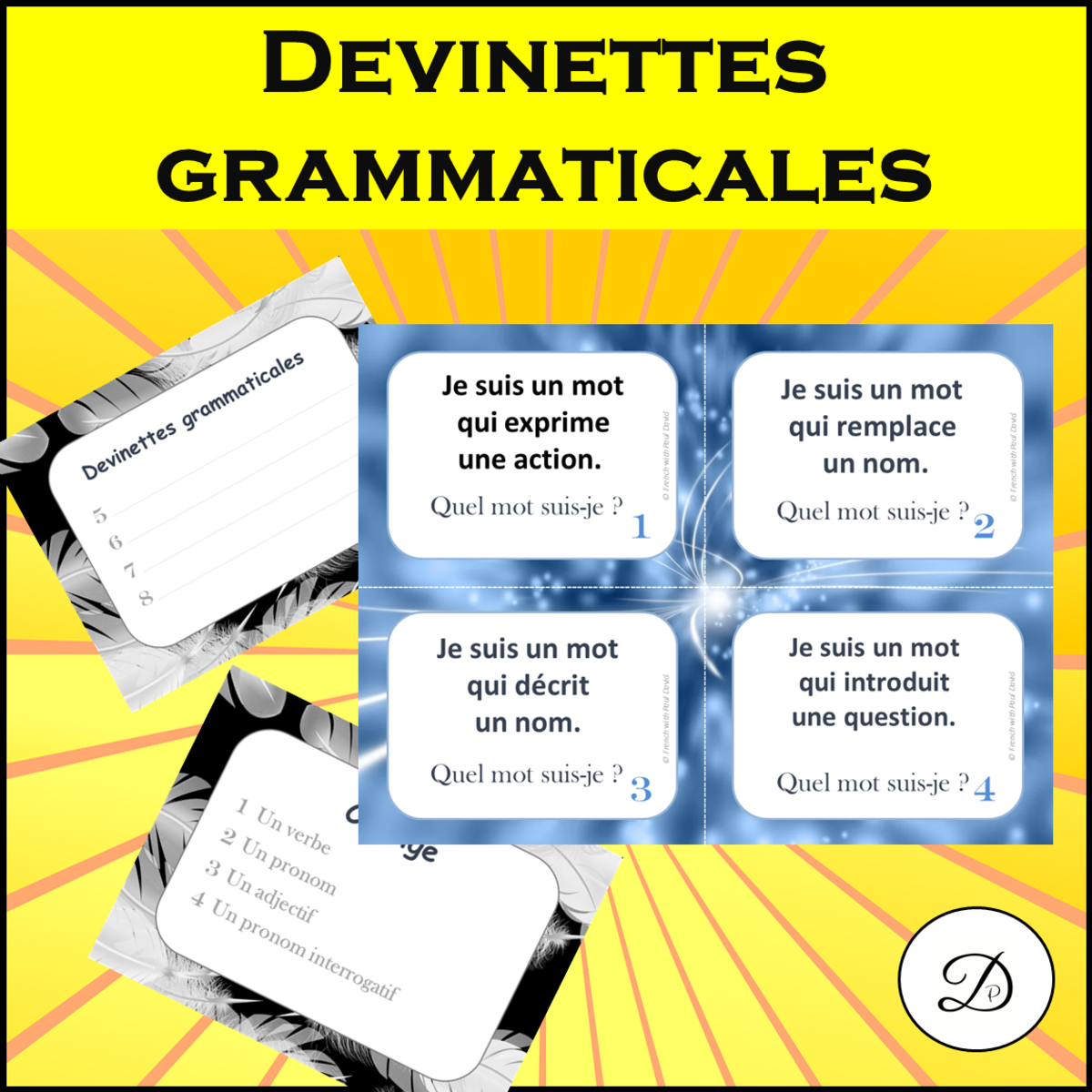 An educational teaching resource from French with Paul David entitled Devinettes grammaticales - 8 cartes à tâches downloadable at Teach Simple.