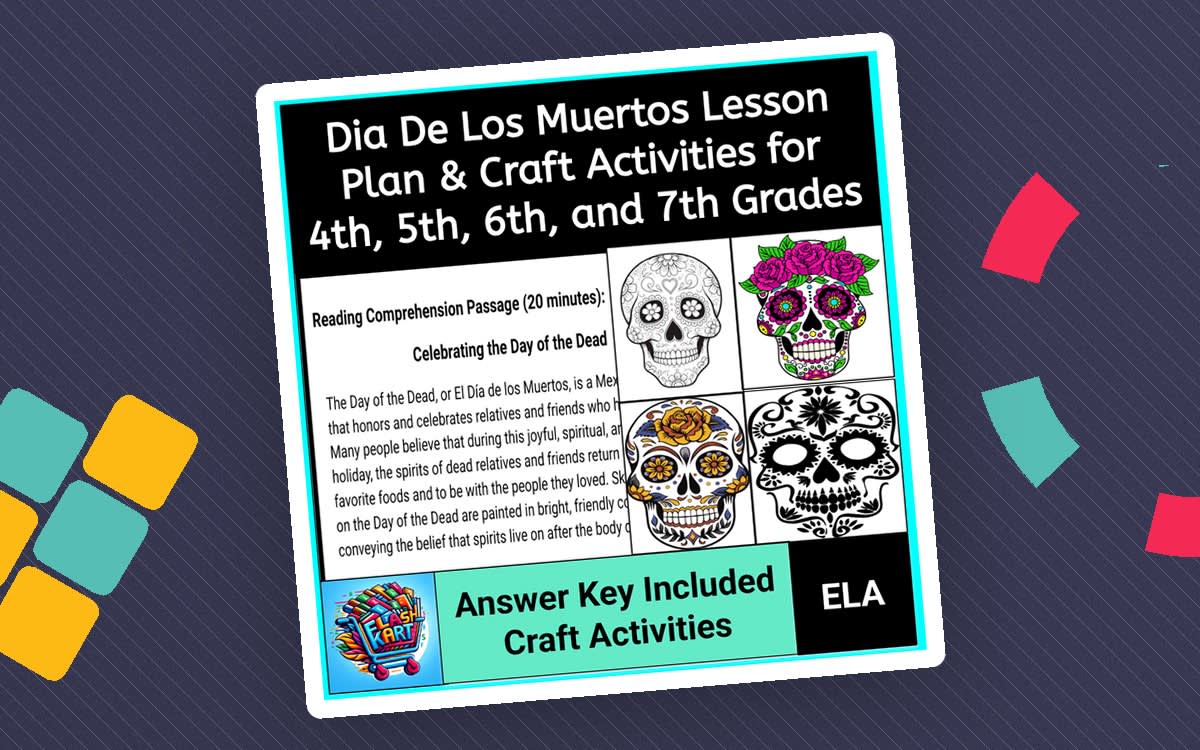An educational teaching resource from FlashKart entitled Dia de los Muertos Reading Comprehension Passage and Craft for 4th-7th downloadable at Teach Simple.