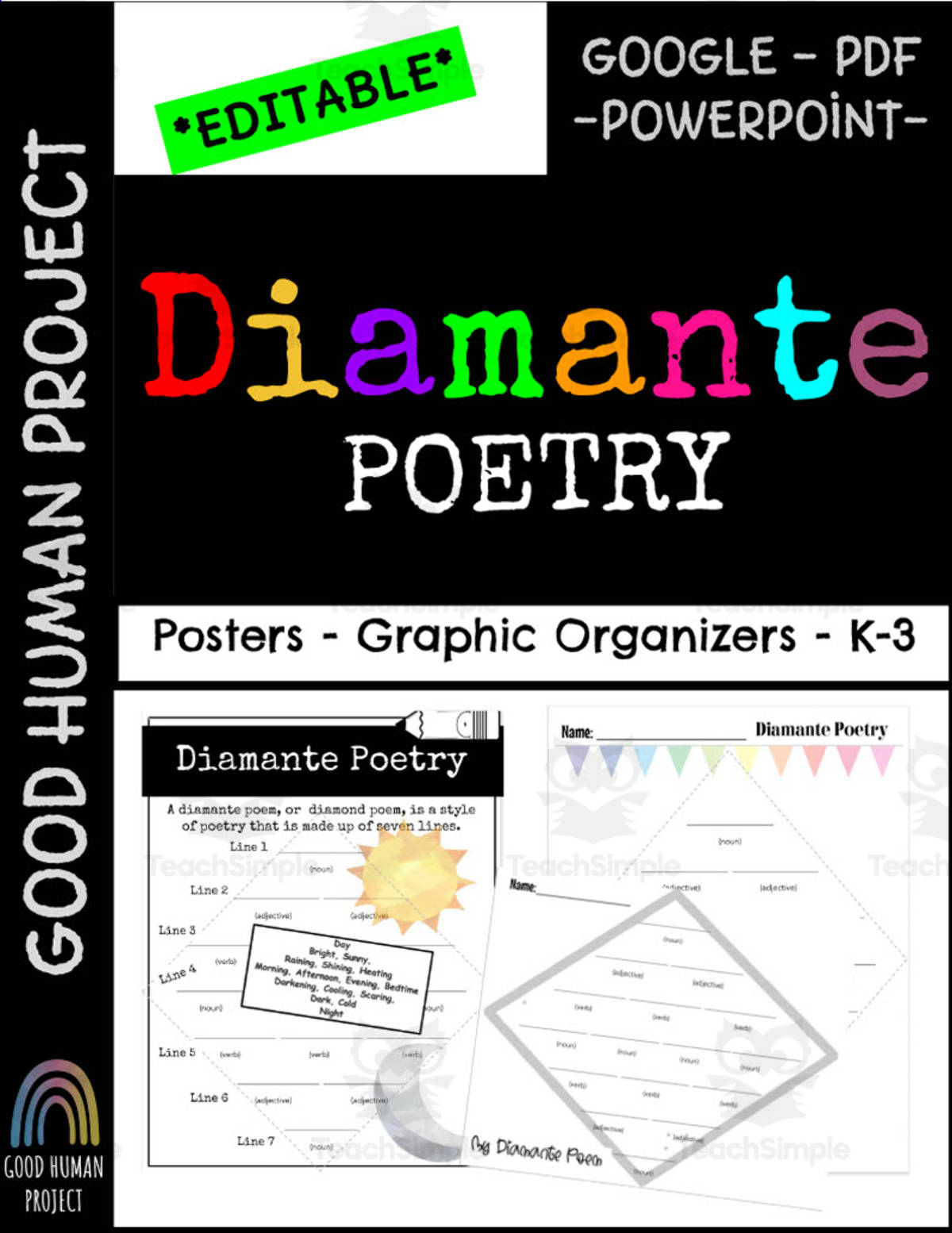 An educational teaching resource from Good Human Project entitled Diamante Poetry – Posters & Graphic Organizers downloadable at Teach Simple.