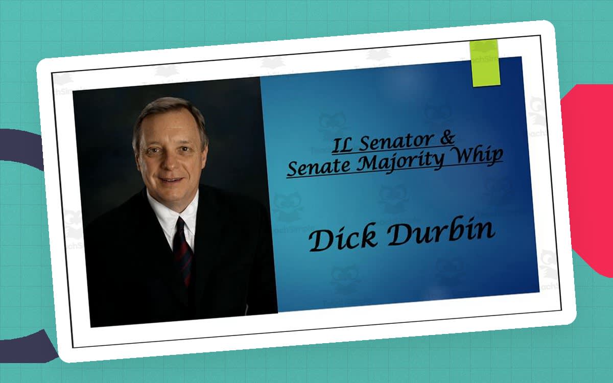 An educational teaching resource from Mr. Matthews Teacher Store entitled Dick Durbin (U.S. Senator - IL and Senate Majority Whip) BIO PPT downloadable at Teach Simple.