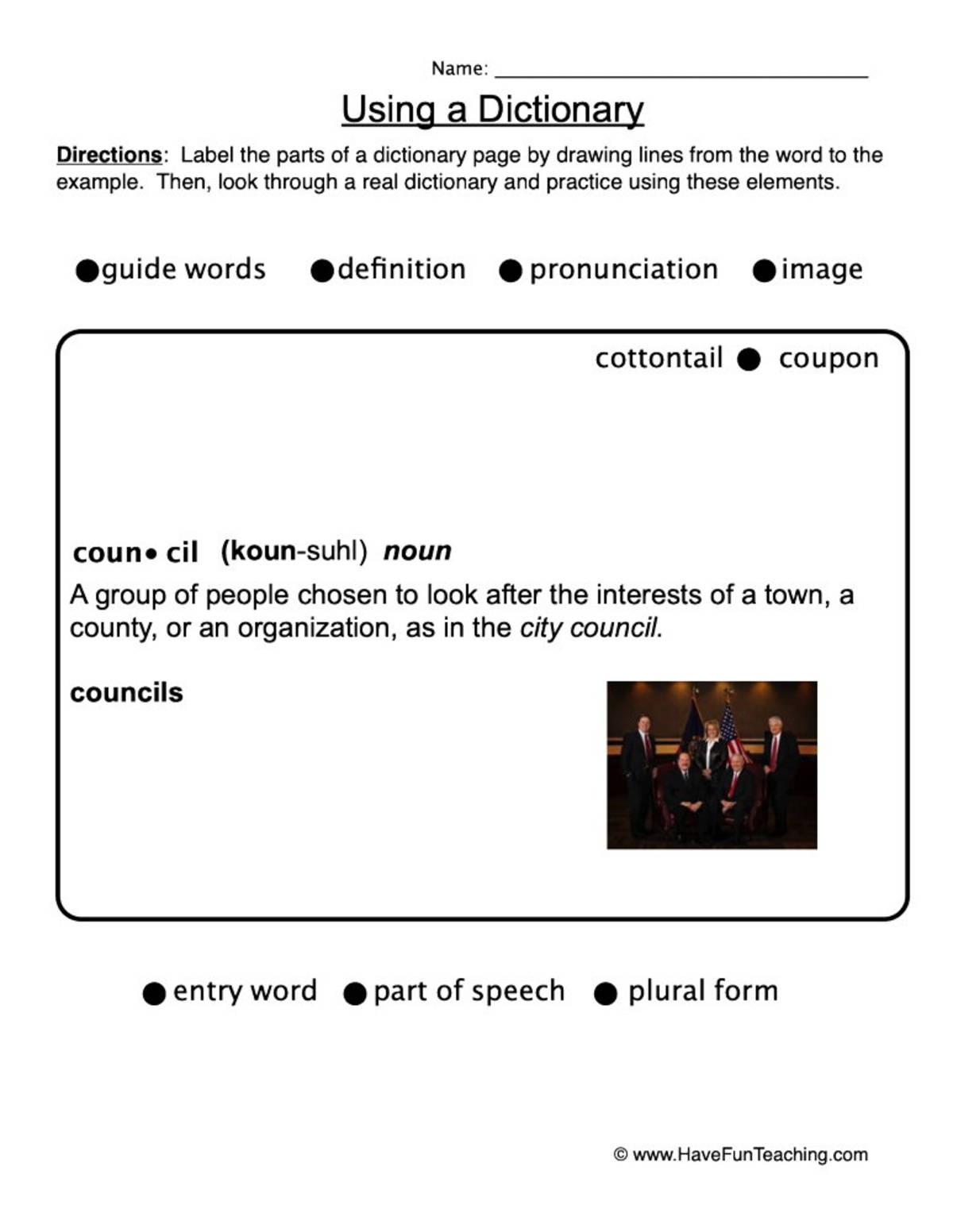 An educational teaching resource from Have Fun Teaching entitled Dictionary Skills Worksheet downloadable at Teach Simple.