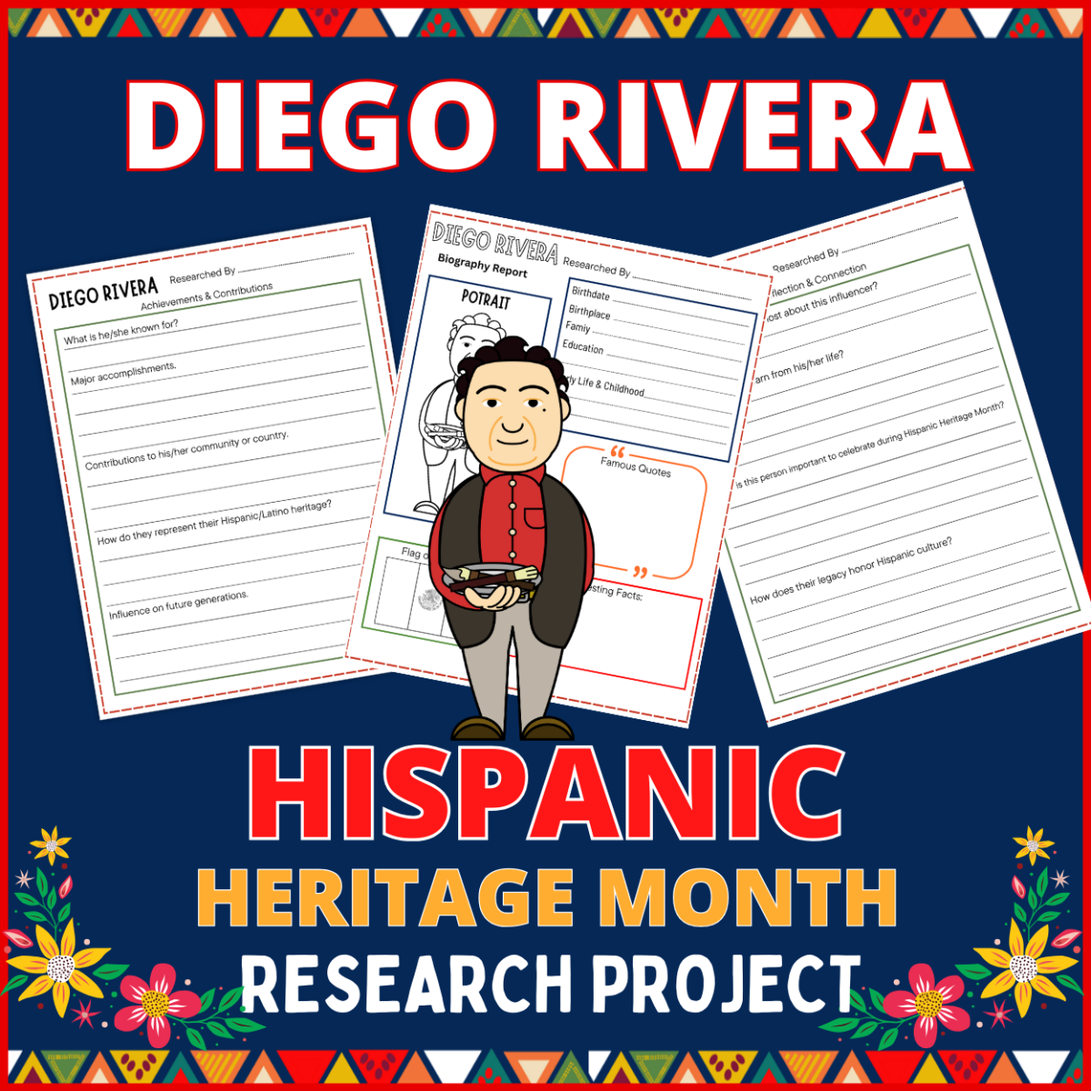An educational teaching resource from Perfect_Printables entitled Diego River artist Biography research project, Hispanic heritage month downloadable at Teach Simple.
