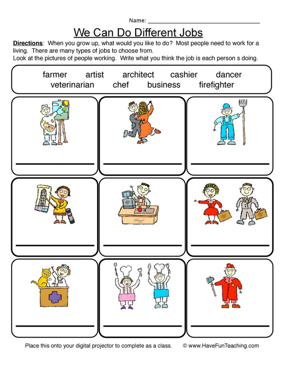 An educational teaching resource from Have Fun Teaching entitled Different Careers Worksheet downloadable at Teach Simple.