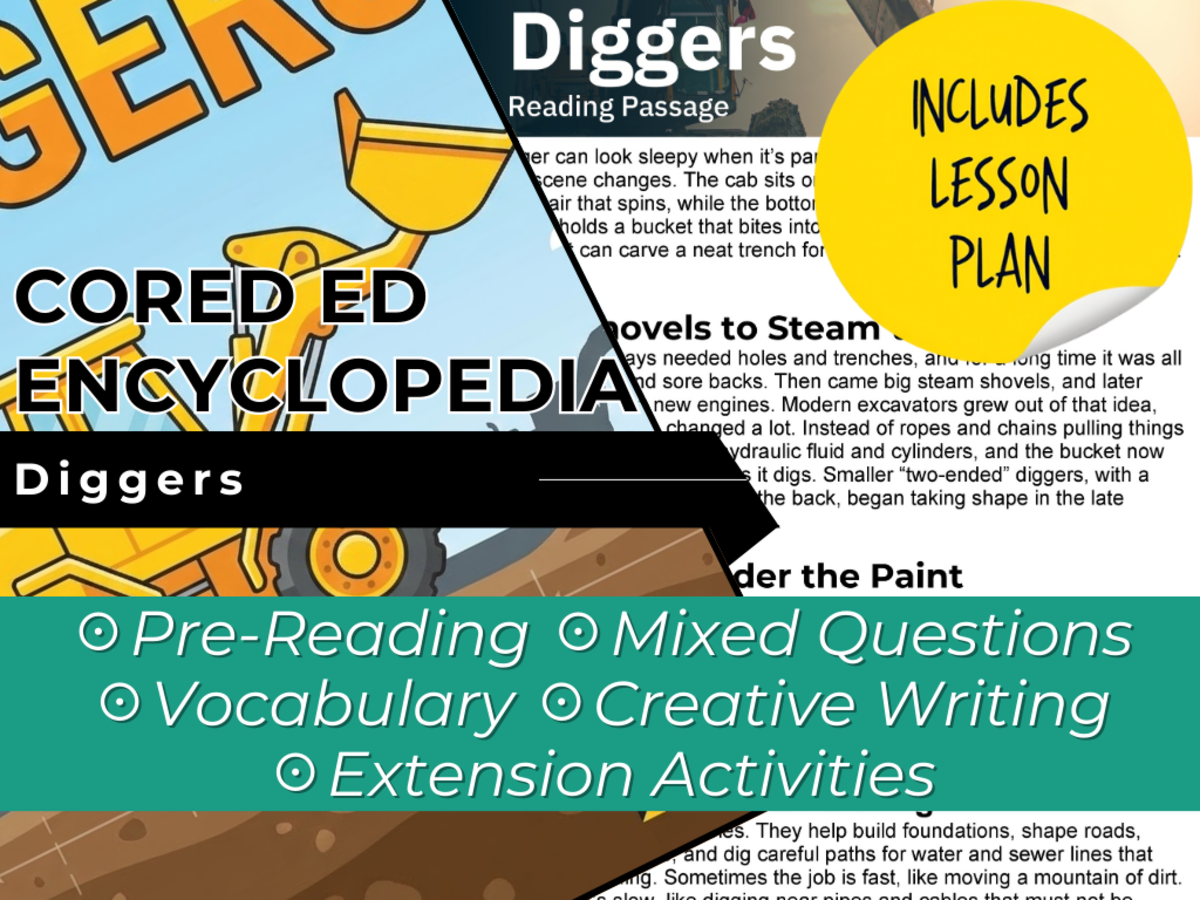 An educational teaching resource from Cored Education entitled Diggers Reading Comprehension Passage - Cored Ed Encyclopedia downloadable at Teach Simple.
