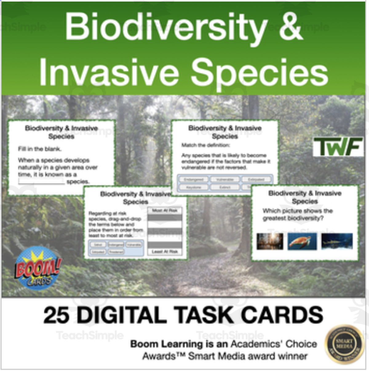 An educational teaching resource from Teach With Fergy entitled Digital Boom Card Deck: Biodiversity and Invasive Species downloadable at Teach Simple.