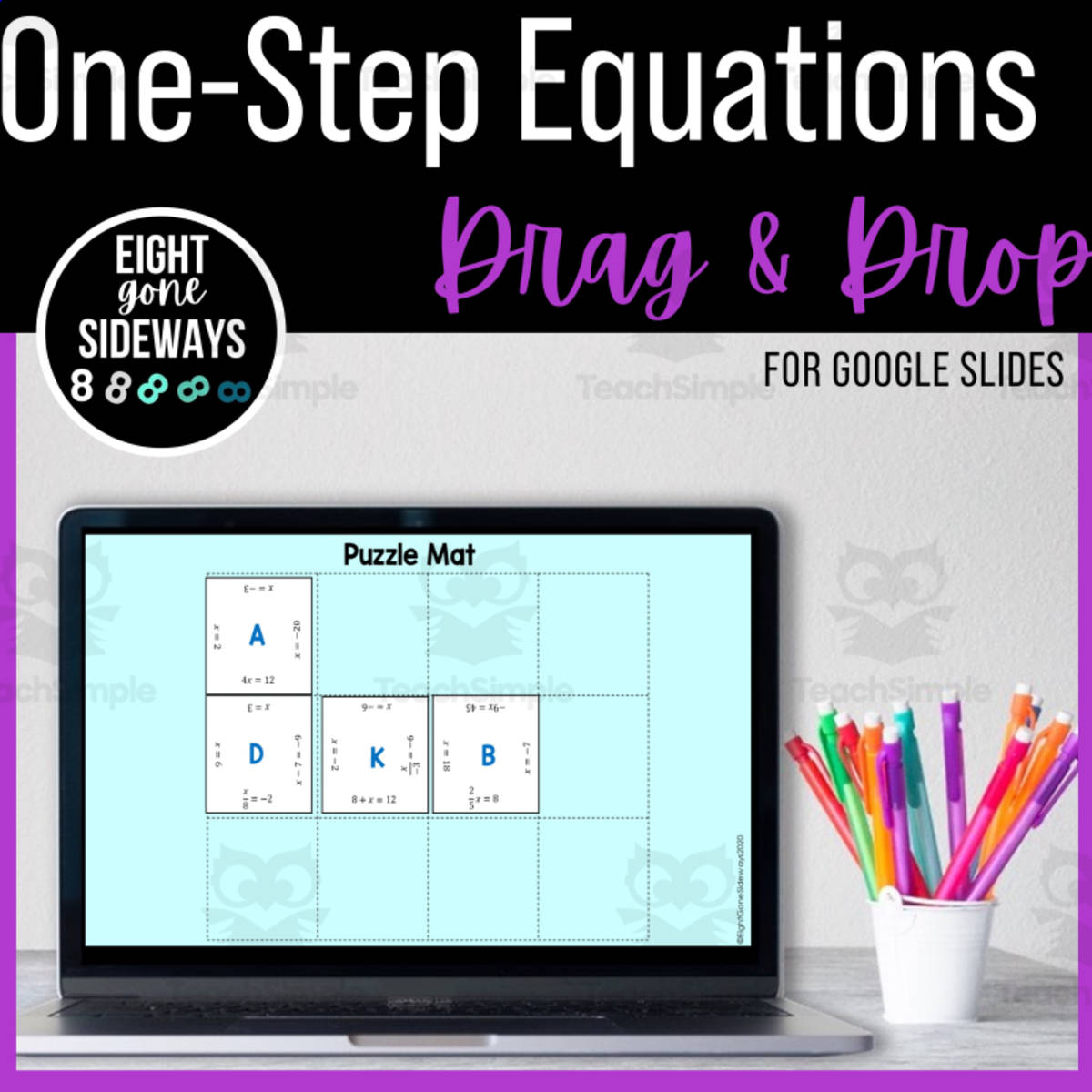 An educational teaching resource from Eight Gone Sideways entitled Digital Drag and Drop: One-Step Equation Puzzle downloadable at Teach Simple.