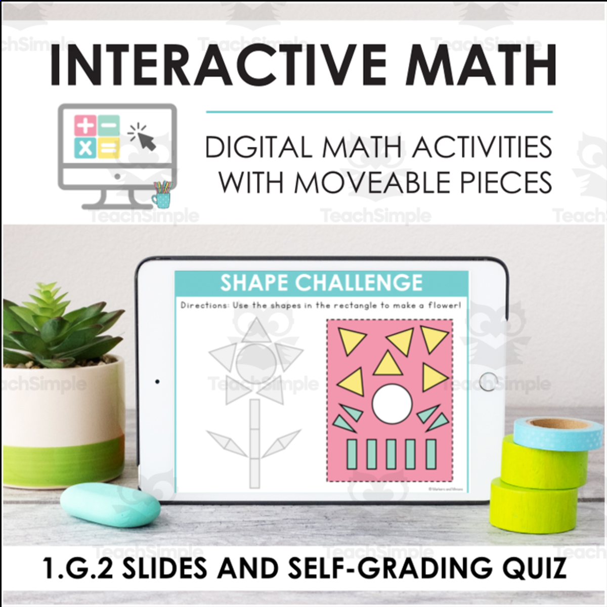 An educational teaching resource from Markers and Minions entitled Digital Math for 1.G.2 - Reason with Shapes (Slides + Self-Grading Quiz) downloadable at Teach Simple.