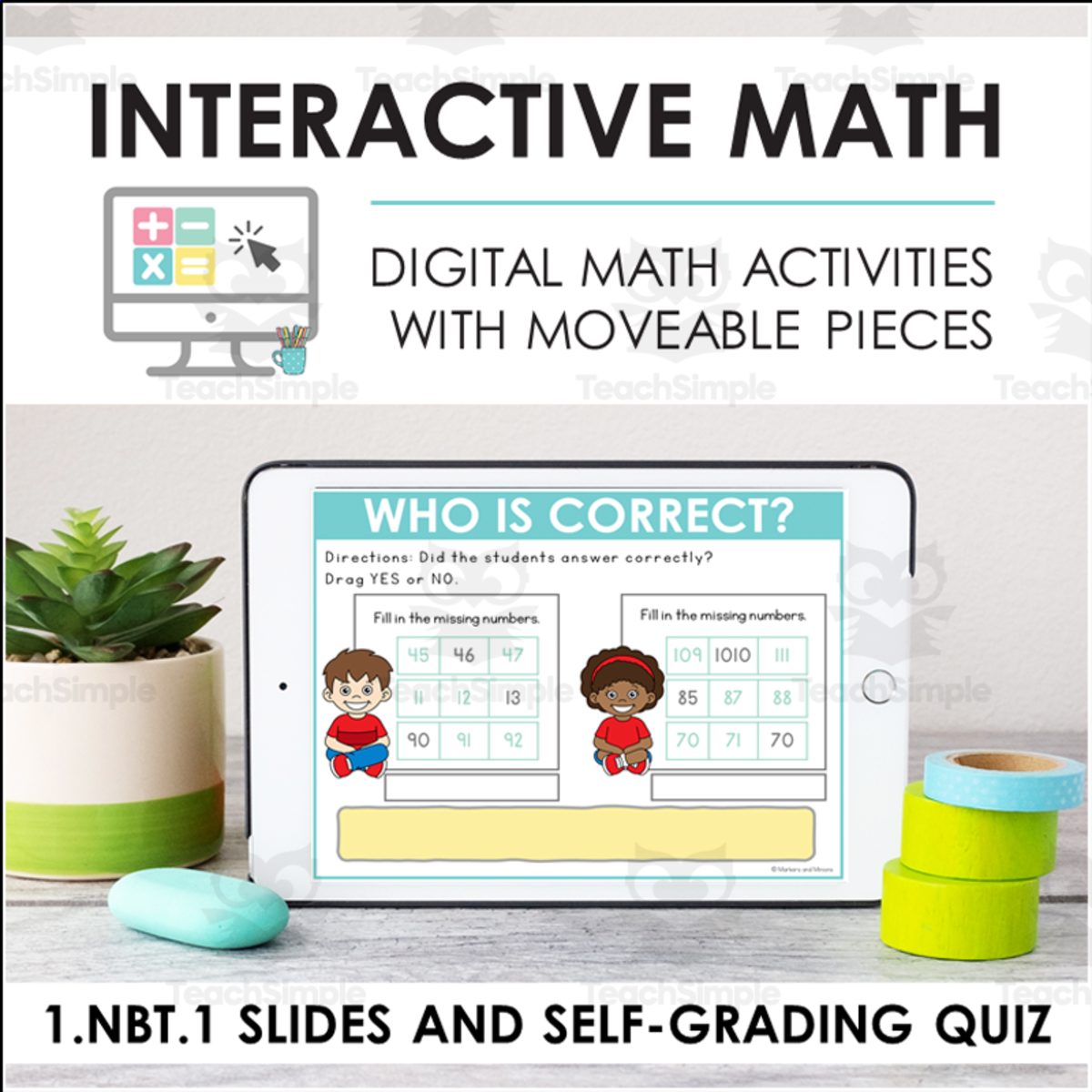 An educational teaching resource from Markers and Minions entitled Digital Math for 1.NBT.1 - Counting Sequence (Slides + Self-Grading Quiz) downloadable at Teach Simple.