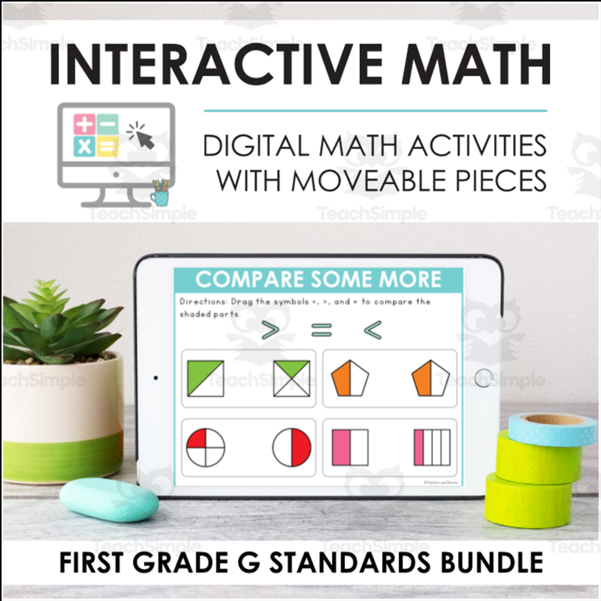 An educational teaching resource from Markers and Minions entitled Digital Math for 1st Grade Geometry Standards - (BUNDLE of Slides + Self-Grading Quiz) downloadable at Teach Simple.