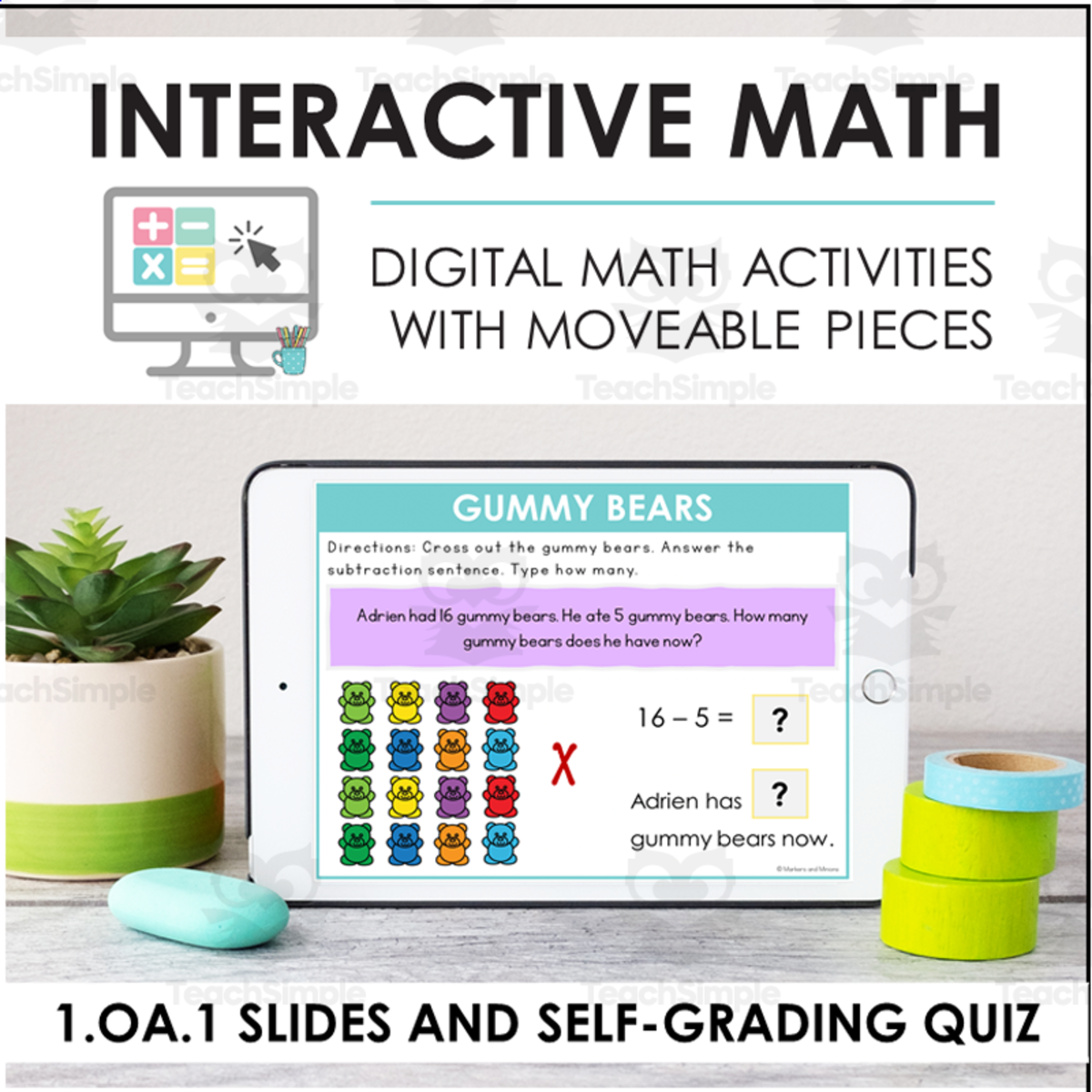 An educational teaching resource from Markers and Minions entitled Digital Math for 1st Grade OA Standards - (BUNDLE of Slides + Self-Grading Quiz) downloadable at Teach Simple.