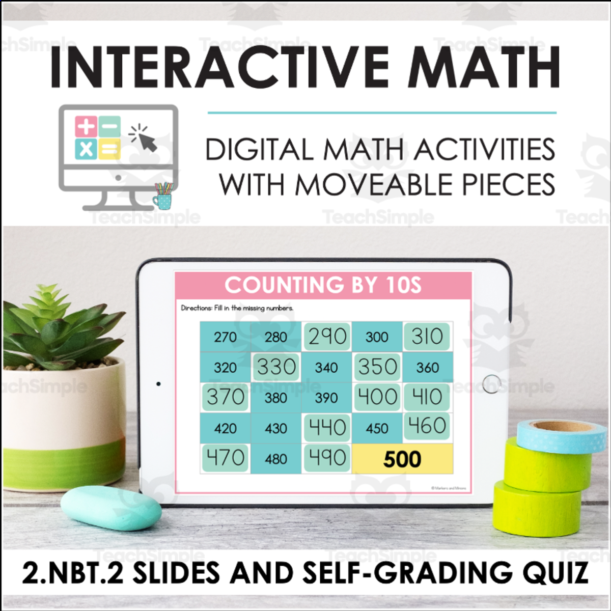An educational teaching resource from Markers and Minions entitled Digital Math for 2.NBT.2 - Understanding Place Value (Slides + Self-Grading Quiz) downloadable at Teach Simple.