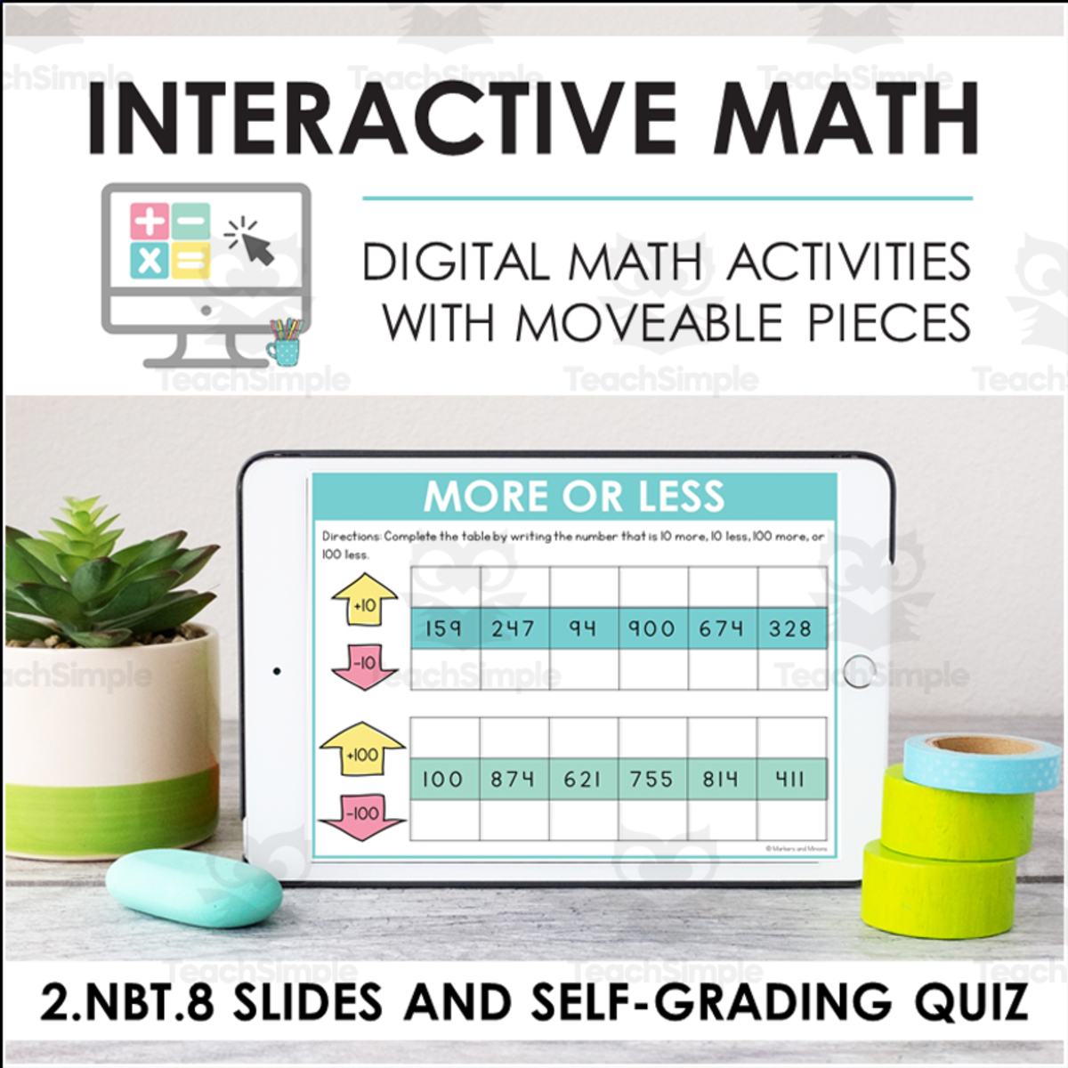 An educational teaching resource from Markers and Minions entitled Digital Math for 2.NBT.8 - Use Place Value to Add and Subtract (Slides + Self-Grading Quiz) downloadable at Teach Simple.