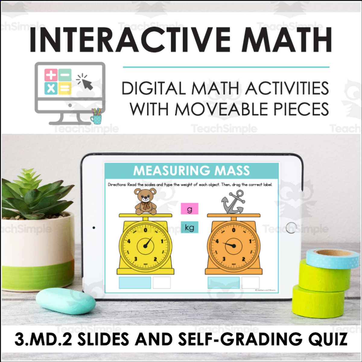 An educational teaching resource from Markers and Minions entitled Digital Math for 3.MD.2 - Liquid Volumes and Masses of Objects (Slides + Self-Grading Quiz) downloadable at Teach Simple.