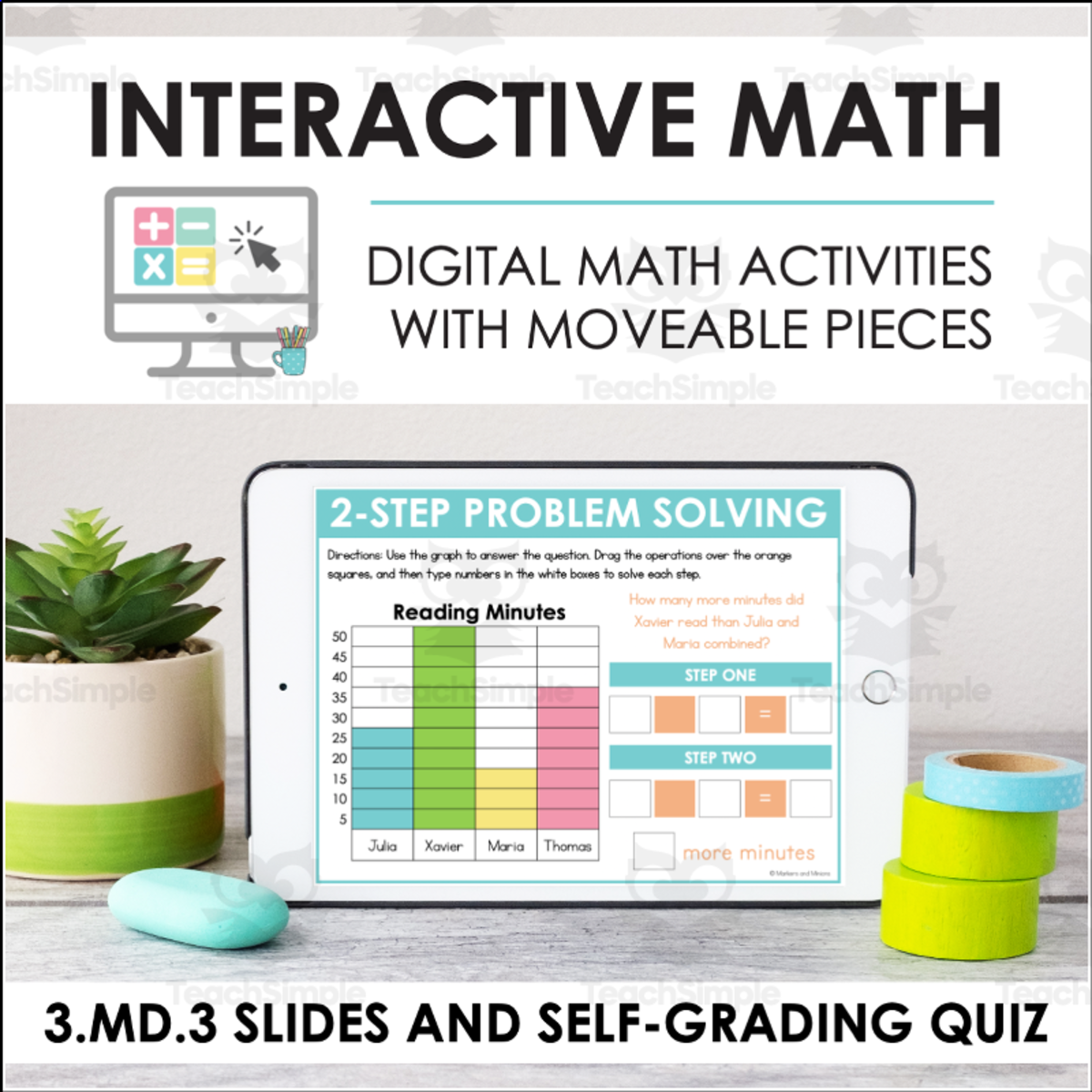 An educational teaching resource from Markers and Minions entitled Digital Math for 3.MD.3 - Picture and Bar Graphs (Slides + Self-Grading Quiz) downloadable at Teach Simple.