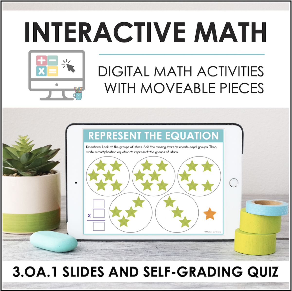 An educational teaching resource from Markers and Minions entitled Digital Math for 3.OA.1 - Multiplication Strategies (Slides + Self-Grading Quiz) downloadable at Teach Simple.