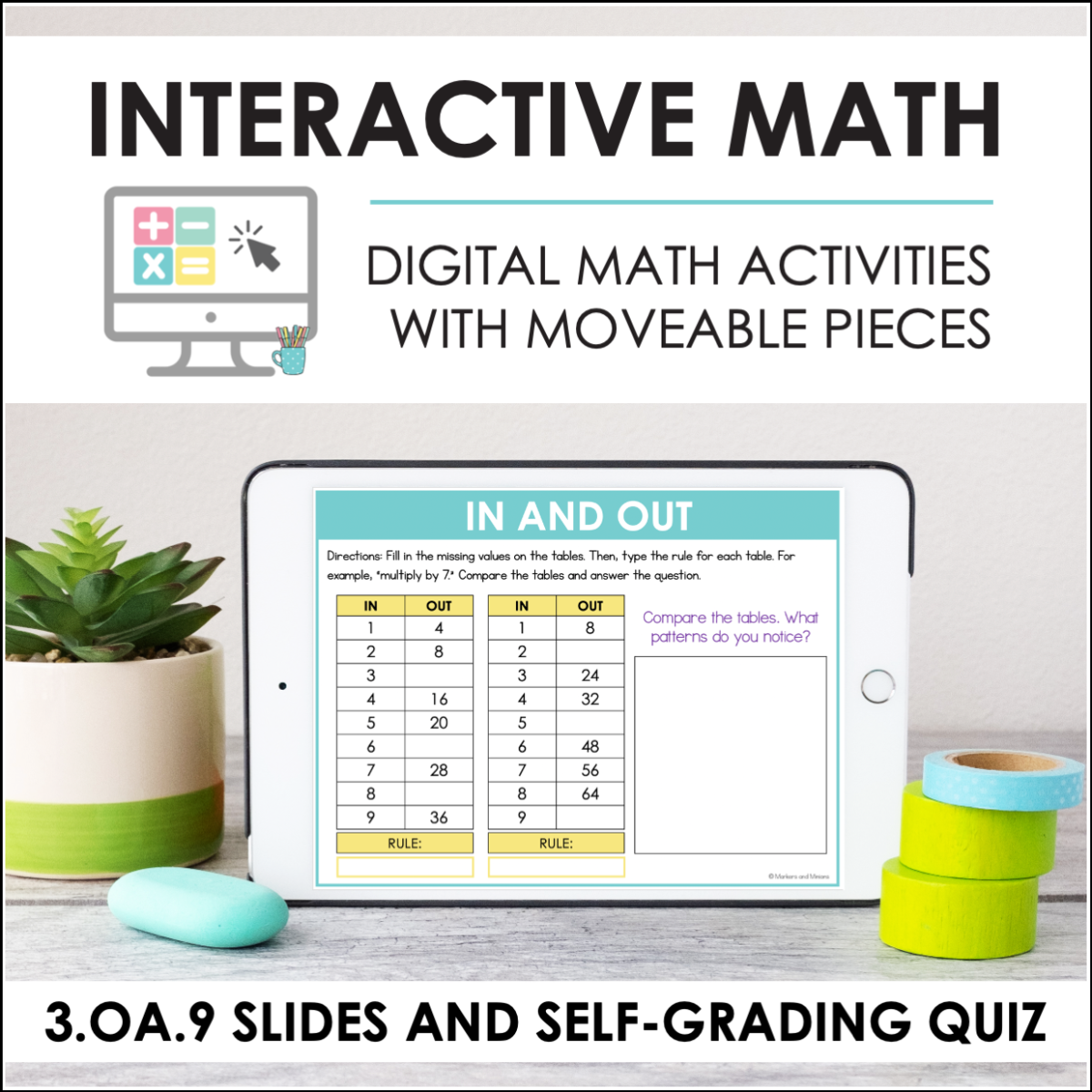 An educational teaching resource from Markers and Minions entitled Digital Math for 3.OA.9 - Number Patterns (Slides + Self-Grading Quiz) downloadable at Teach Simple.