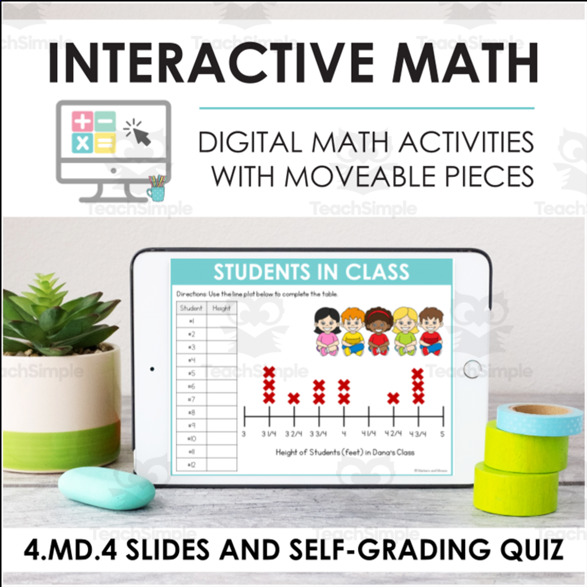 An educational teaching resource from Markers and Minions entitled Digital Math for 4.MD.4 - Represent and Interpret Data (Slides + Self-Grading Quiz) downloadable at Teach Simple.