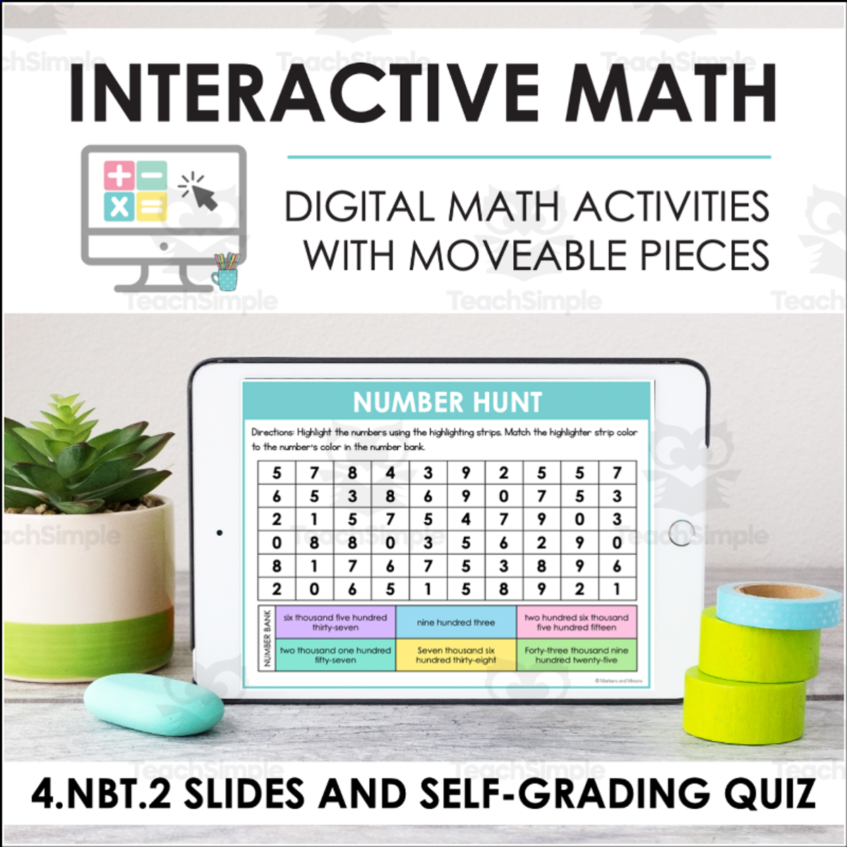 An educational teaching resource from Markers and Minions entitled Digital Math for 4.NBT.2 - Place Value and Multi-Digit Whole Numbers (Slides + Self-Grading Quiz) downloadable at Teach Simple.
