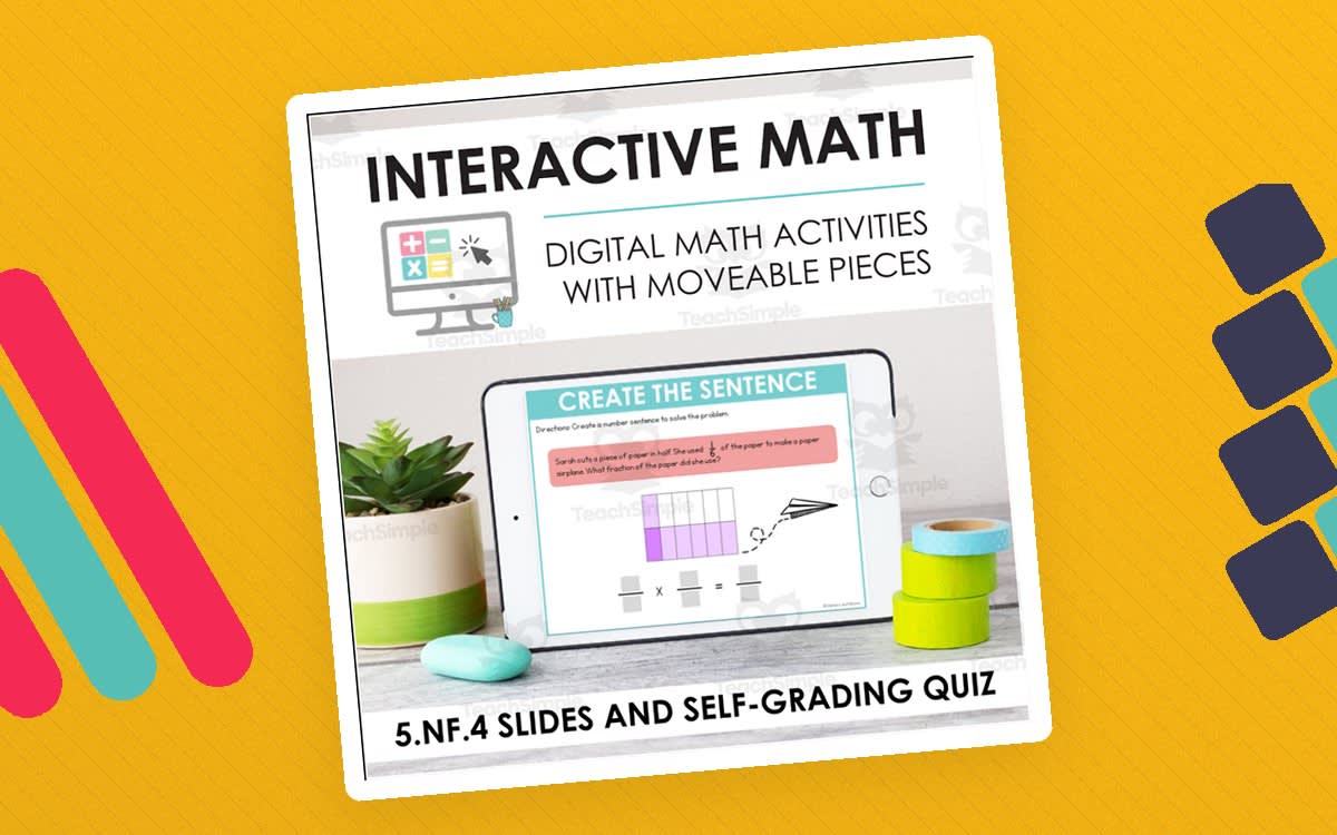 An educational teaching resource from Markers and Minions entitled Digital Math for 5.NF.4 - Apply Understandings of Multiplication and Division (Slides + Self-Grading Quiz) downloadable at Teach Simple.