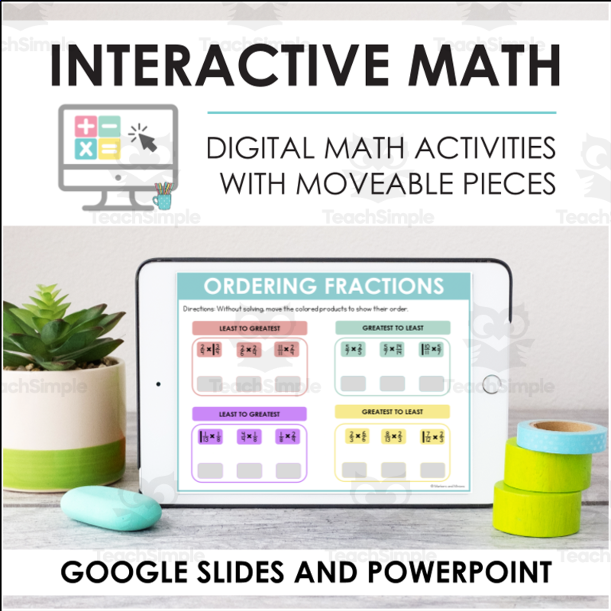 An educational teaching resource from Markers and Minions entitled Digital Math for 5th Grade MATH Standards - (BUNDLE of Slides + Self-Grading Quiz) downloadable at Teach Simple.