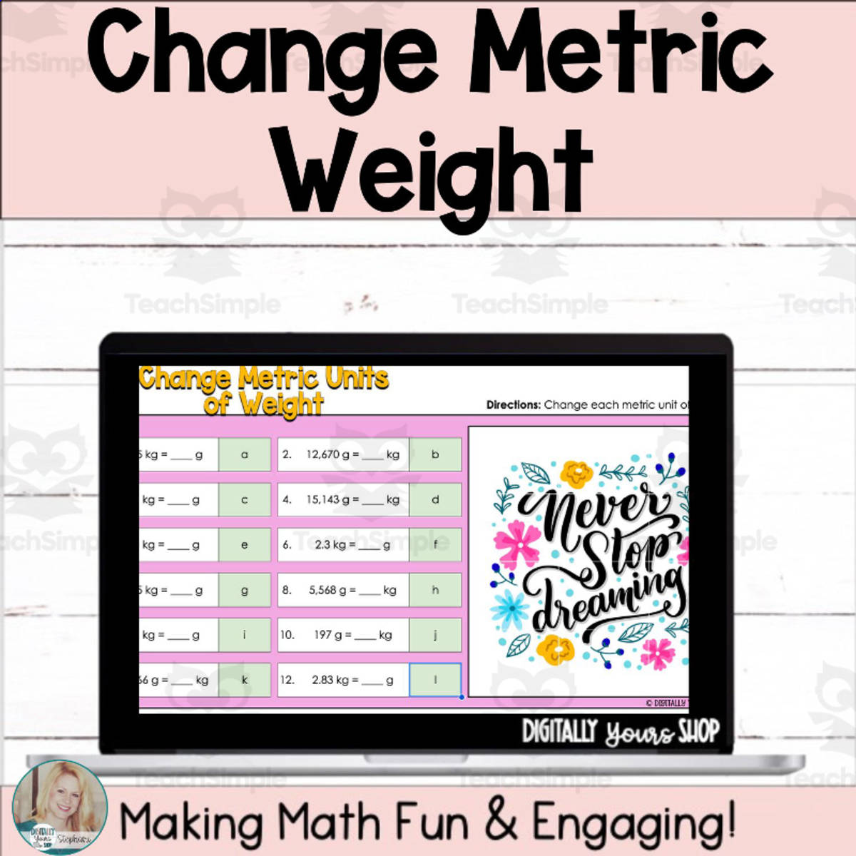 An educational teaching resource from Digitally Yours Shop entitled Digital Self-Checking Math Activity: Metric Units of Weight downloadable at Teach Simple.