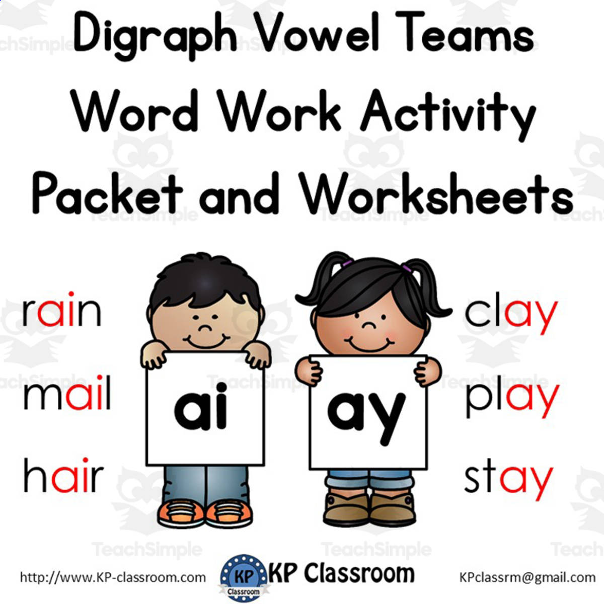 An educational teaching resource from KP Classroom entitled AI AY Vowel Teams – Phonics Activity Packet downloadable at Teach Simple.