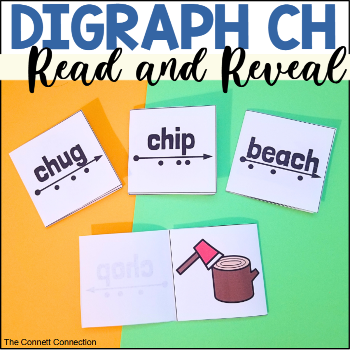 An educational teaching resource from The Connett Connection entitled Digraph CH Words Read and Reveal Blending Cards downloadable at Teach Simple.