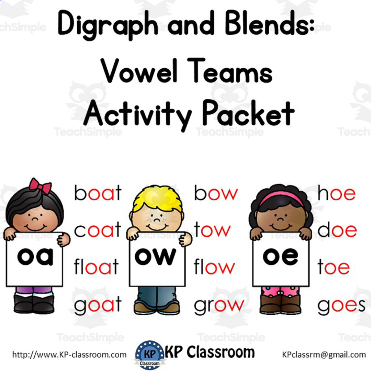 An educational teaching resource from KP Classroom entitled OA OW OE Vowel Teams – Phonics Activity Packet downloadable at Teach Simple.
