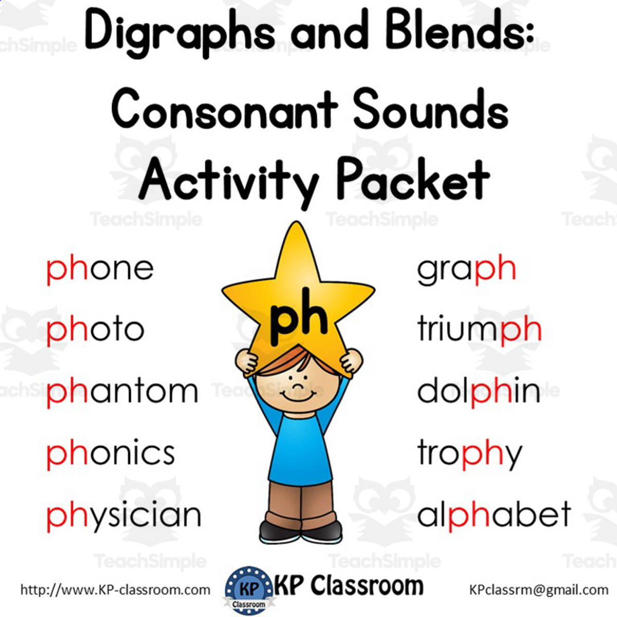 An educational teaching resource from KP Classroom entitled Digraph PH Consonant Sound Activity Packet and Worksheets downloadable at Teach Simple.