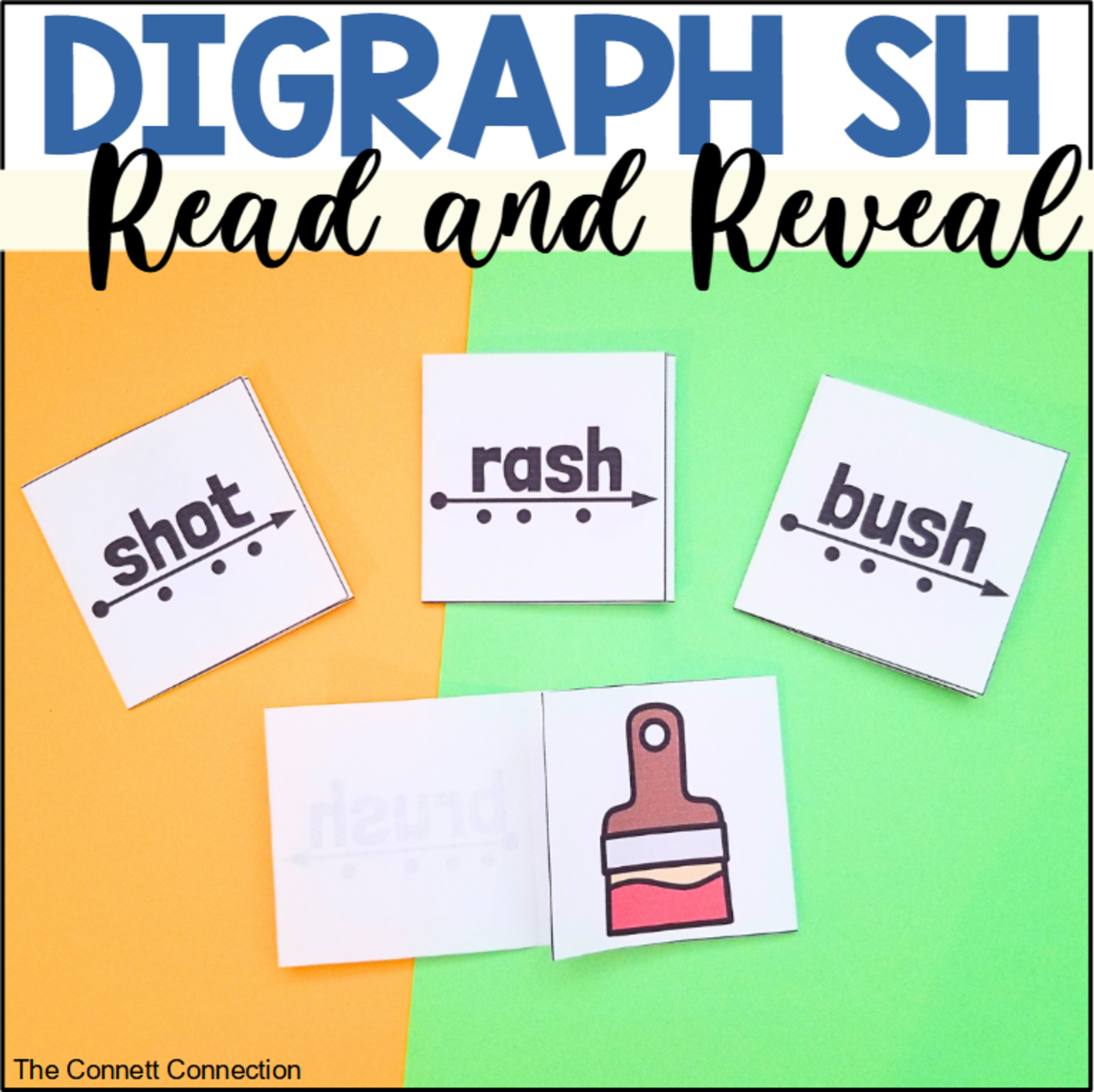An educational teaching resource from The Connett Connection entitled Digraph SH Words Read and Reveal Blending Cards downloadable at Teach Simple.
