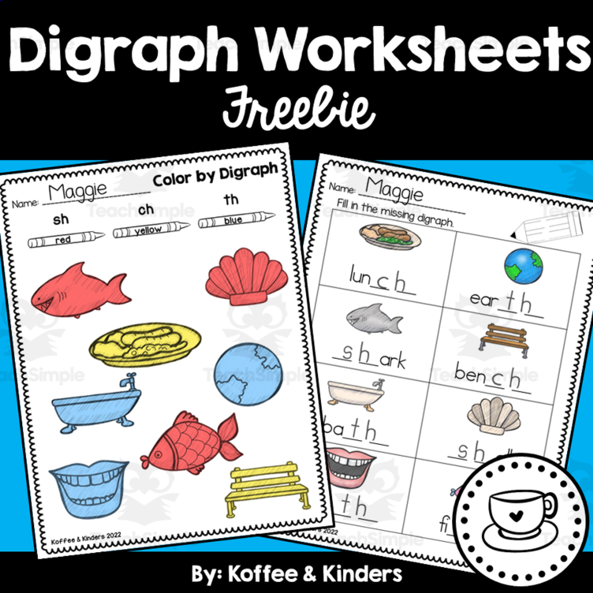 An educational teaching resource from Koffee and Kinders entitled Digraph Worksheets downloadable at Teach Simple.