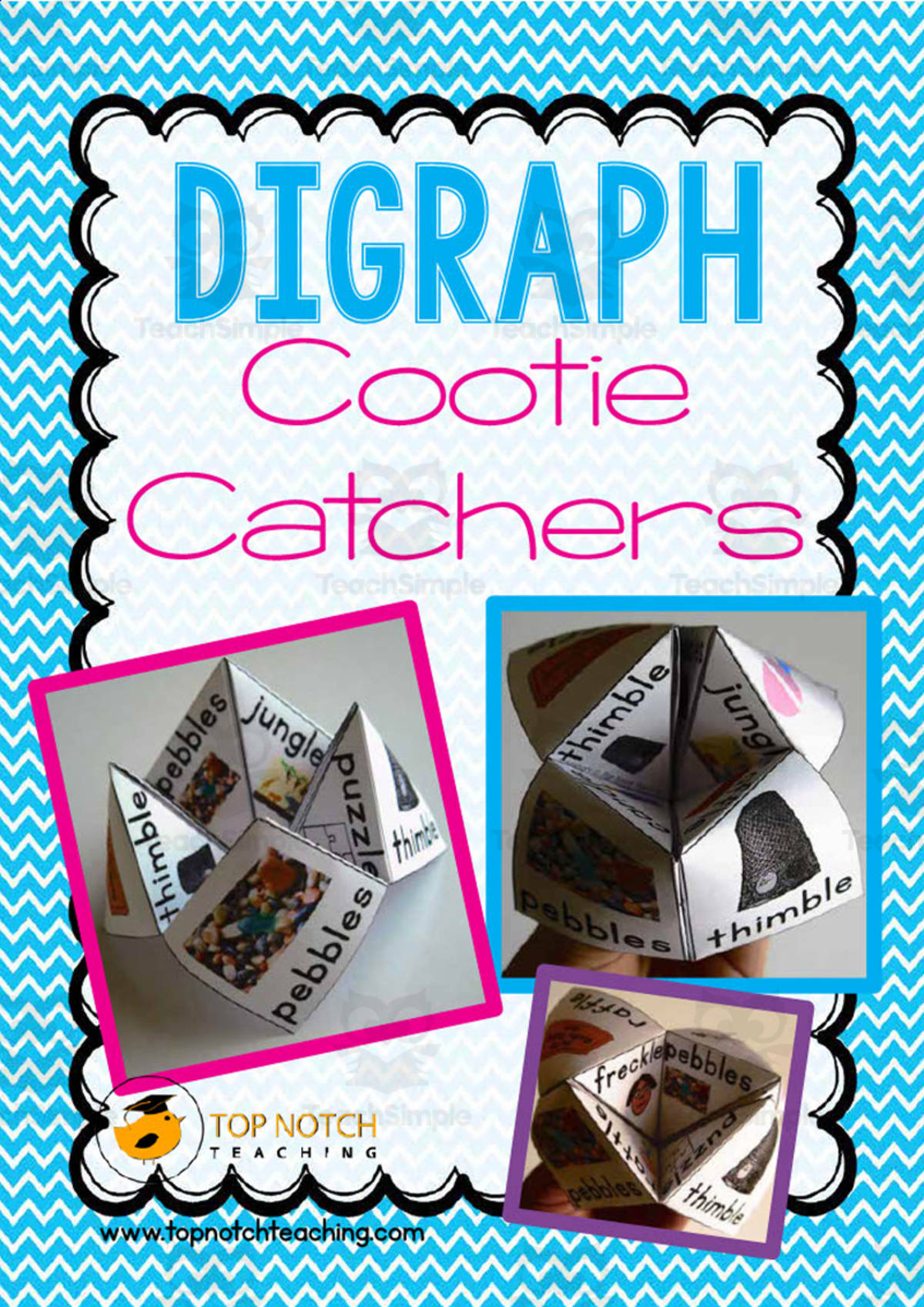 An educational teaching resource from Top Notch Teaching entitled Digraphs Cootie Catchers downloadable at Teach Simple.