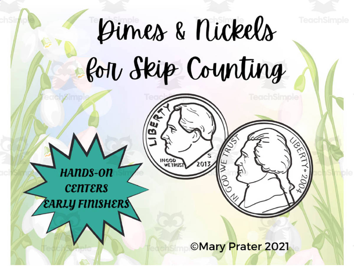 An educational teaching resource from The Kinder Lady entitled Dimes + Nickels Skip Counting Activity downloadable at Teach Simple.