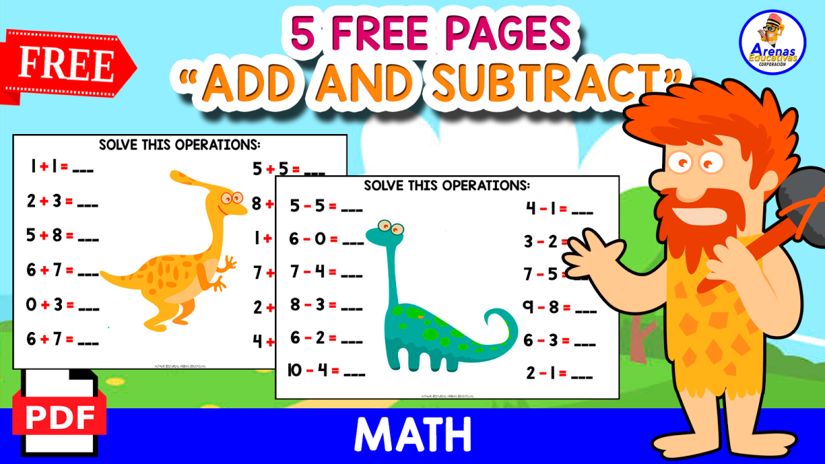 An educational teaching resource from EDITORIAL LAURA EDUCA entitled DINO ADDITION AND SUBTRACTION | 1-DIGIT EXERCISES | FREE RESOURCE downloadable at Teach Simple.