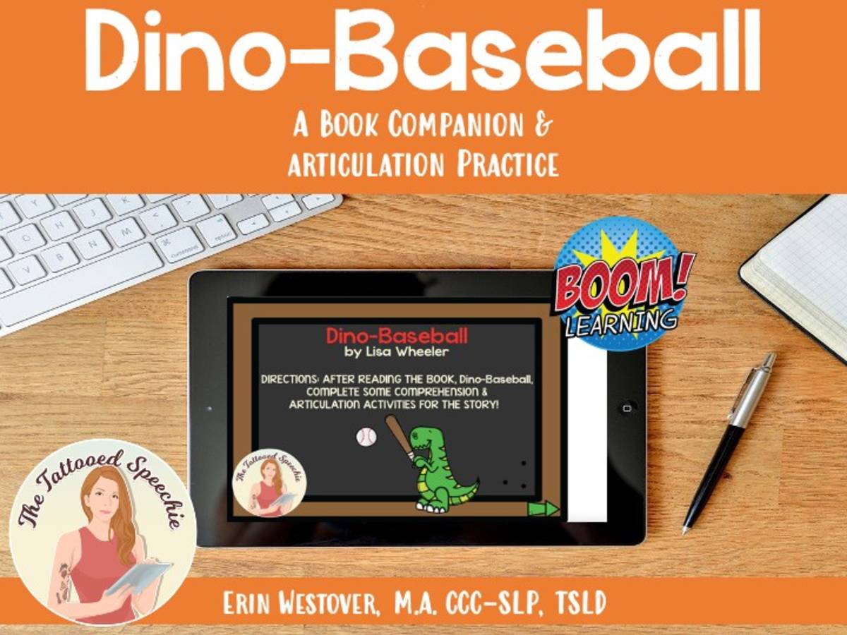 An educational teaching resource from The Tattooed Speechie entitled Dino-Baseball Book Companion & Articulation Practice - BOOM Cards downloadable at Teach Simple.