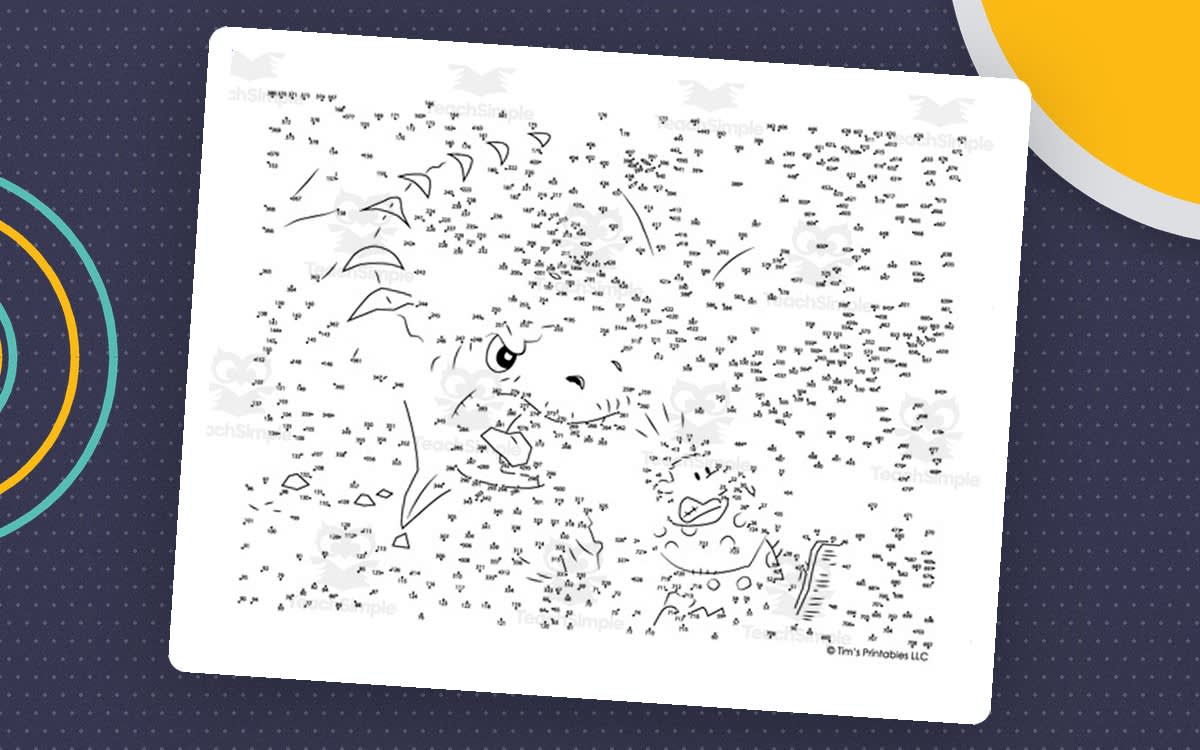 An educational teaching resource from Tim's Printables entitled Dinosaur Chasing Caveman Extreme Difficulty Dot-to-Dot downloadable at Teach Simple.
