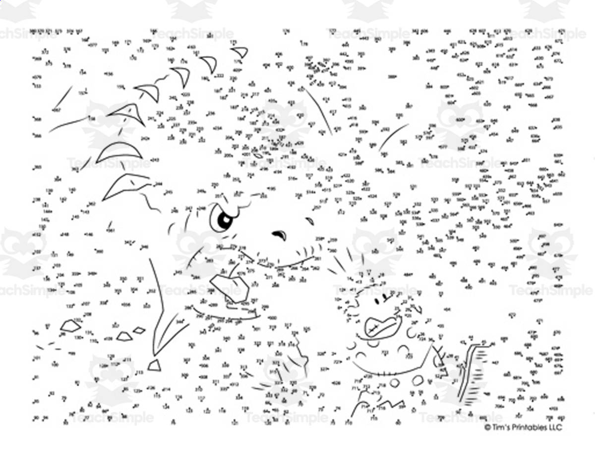 An educational teaching resource from Tim's Printables entitled Dinosaur Chasing Caveman Extreme Difficulty Dot-to-Dot downloadable at Teach Simple.