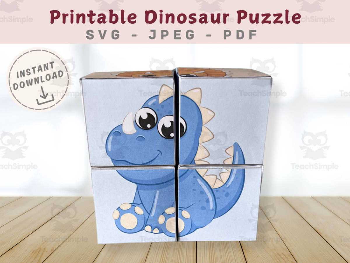 An educational teaching resource from Jenstrokeandstyle entitled Dinosaur Cube Puzzle games for toddler, Adorable Dinosaur activity downloadable at Teach Simple.