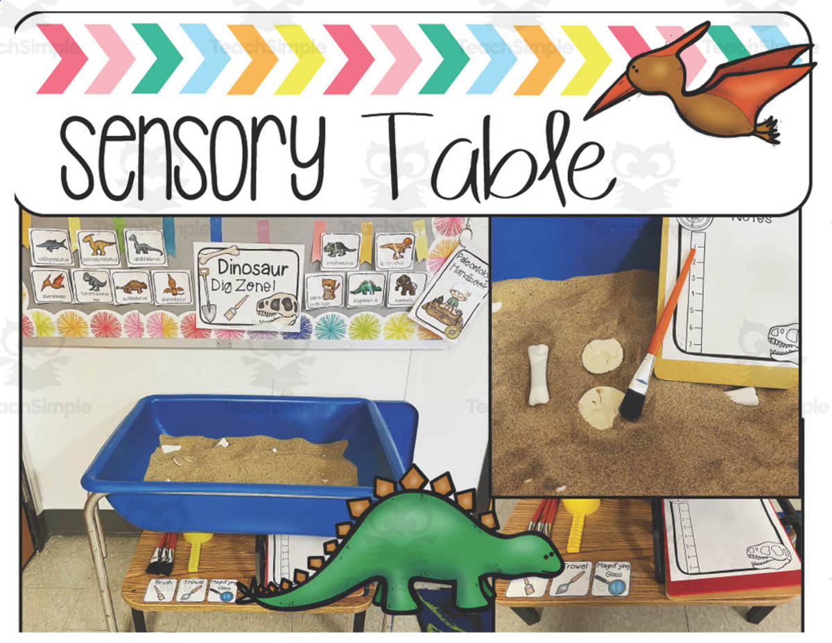 An educational teaching resource from The Proactive Classroom entitled Dinosaur Dig Sensory Table downloadable at Teach Simple.