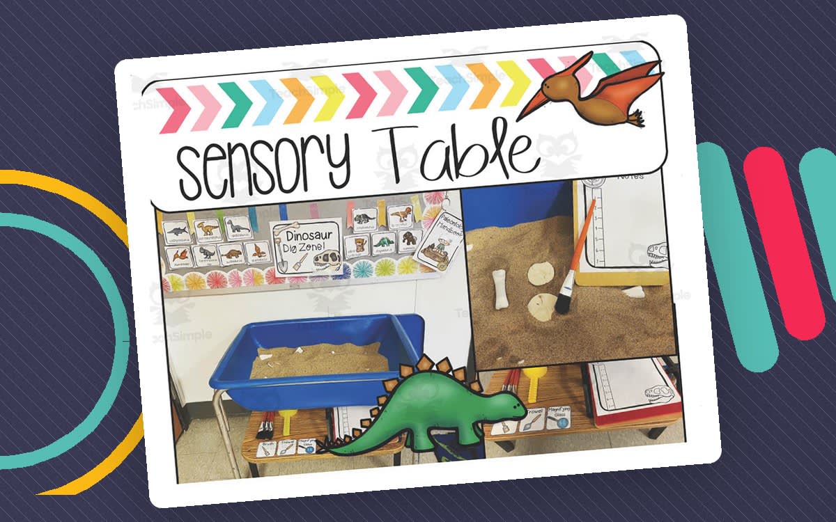 An educational teaching resource from The Proactive Classroom entitled Dinosaur Dig Sensory Table downloadable at Teach Simple.